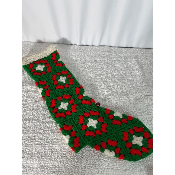 VTG Hand Crocheted Christmas Stockings Red Green White Holly Star Motif Set of 2 - Picture 2 of 9